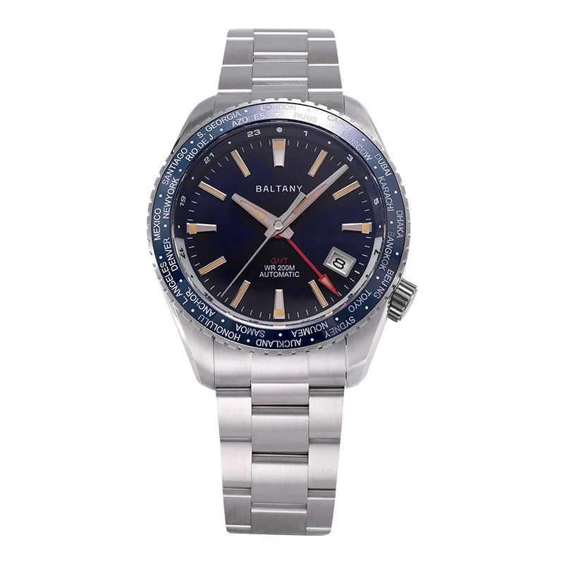 Baltany Men’s GMT Automatic Watch 40mm – NH34, Sapphire Crystal, 200m Dive, Luminous, World Time Bezel