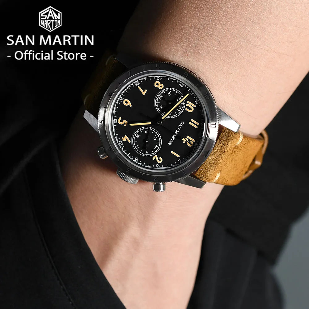 San Martin SN0127 Vintage Pilot Chronograph – VK64, Leather Strap