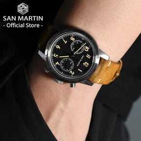 San Martin SN0127 Vintage Pilot Chronograph – VK64, Leather Strap