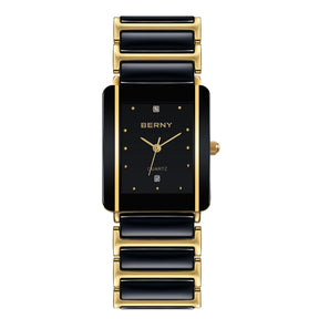 BERNY XV12 Men's Quartz Watch – Ceramic Rectangle Black Gold Diamond Waterproof