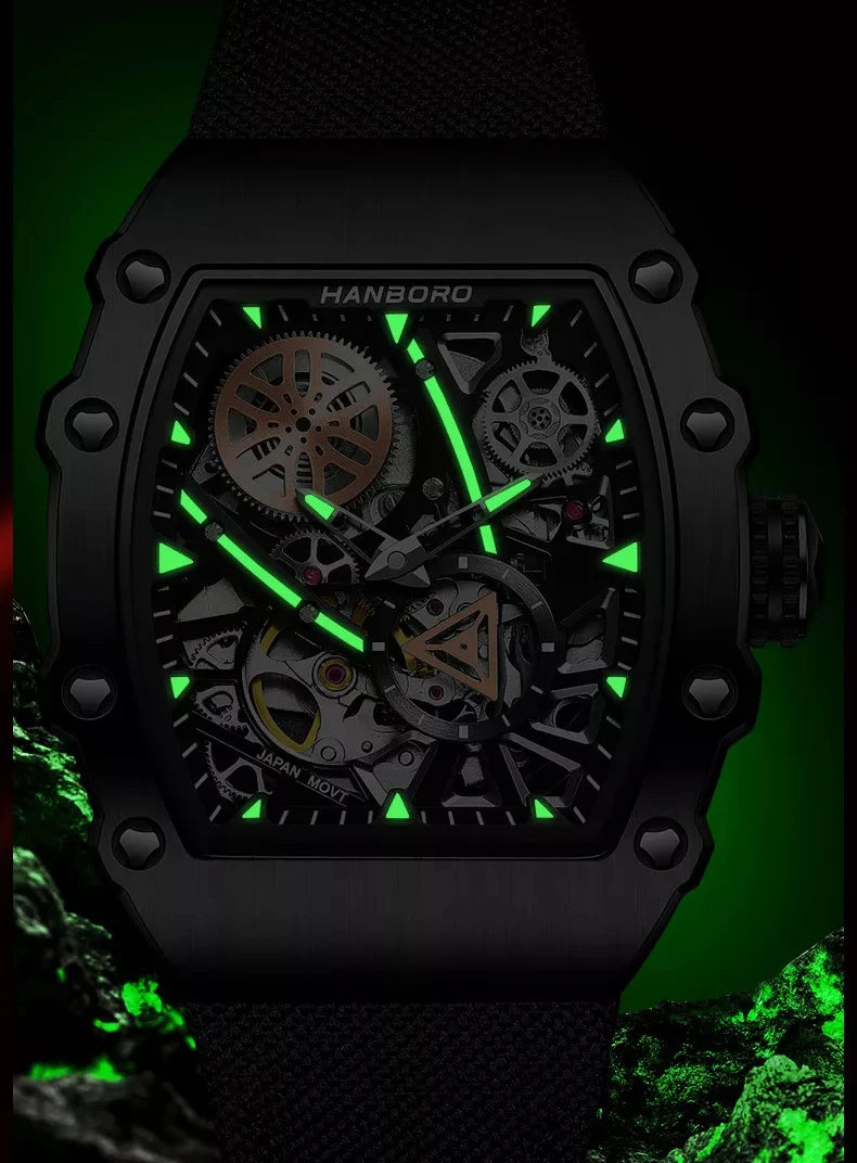 HANBORO Men’s Automatic Watch – 40.5mm Tonneau Skeleton Dial Mechanical Waterproof Wristwatch