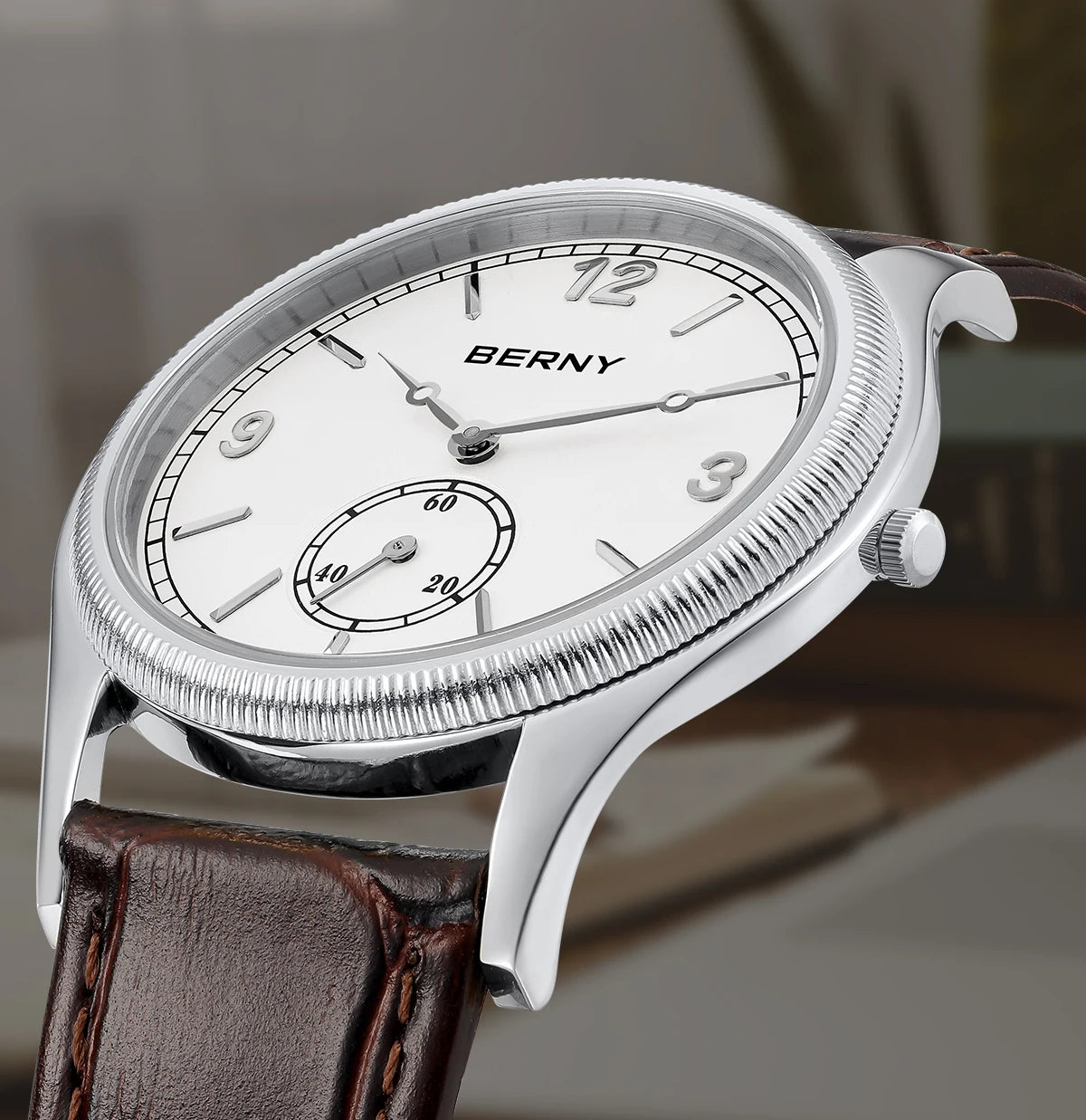 BERNY Men's Quartz Dress Watch 38mm – Slim Elegant Leather Strap Easy Read