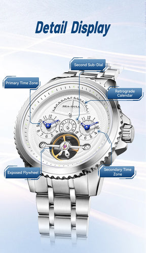 Seagull Flywheel Men’s Mechanical Watch – 44mm, Sapphire, Dual Time