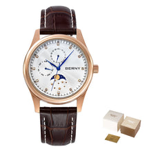 BERNY Men's Moon Phase Quartz Watch – Stainless Steel & Leather Dress Watch with Date & Week Display