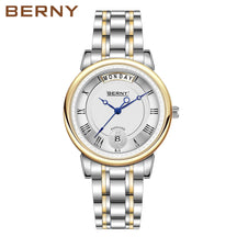 BERNY Women’s Quartz Watch – Roman Numerals, Day & Date, Sapphire Glass, Stainless Steel Strap