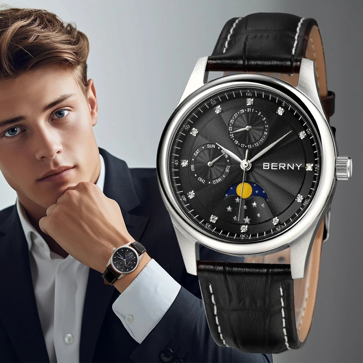 BERNY Men's Moon Phase Quartz Watch – Stainless Steel & Leather Dress Watch with Date & Week Display