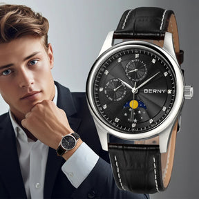 BERNY Men's Moon Phase Quartz Watch – Stainless Steel & Leather Dress Watch with Date & Week Display
