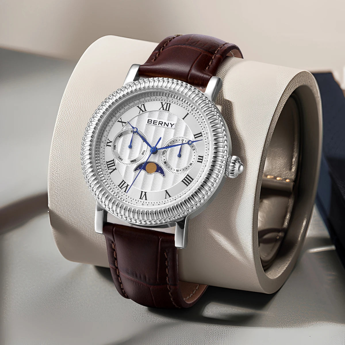 BERNY Men's Moon Phase Quartz Watch 40mm – Calendar Dress Watch Leather Strap