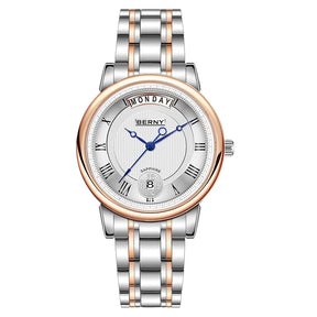 BERNY Women’s Quartz Watch – Roman Numerals, Day & Date, Sapphire Glass, Stainless Steel Strap