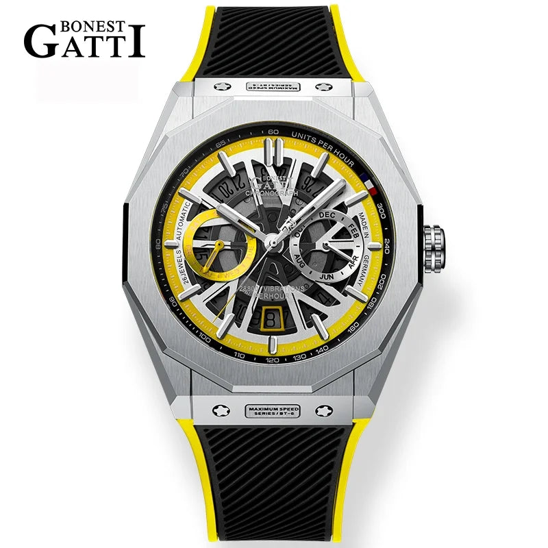 BONEST GATTI Men’s Automatic Mechanical Watch – Stainless Steel Case, Rubber Strap