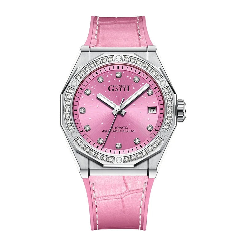 BONEST GATTI Women’s Automatic Watch – Luxury Mechanical, Sapphire Crystal, Leather Strap, Crystal Bezel