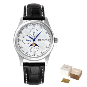 BERNY Men's Moon Phase Quartz Watch – Stainless Steel & Leather Dress Watch with Date & Week Display