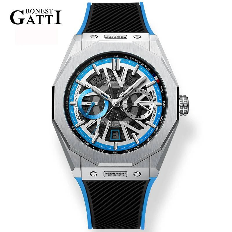 BONEST GATTI Men’s Automatic Mechanical Watch – Stainless Steel Case, Rubber Strap