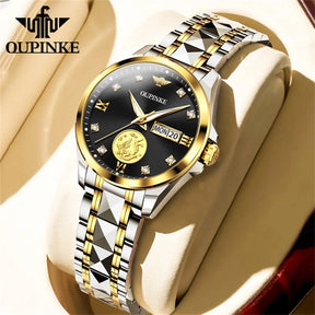 OUPINKE 3259 Women’s Automatic Watch – Gold Tone, Tungsten Steel Strap, Luxury Mechanical