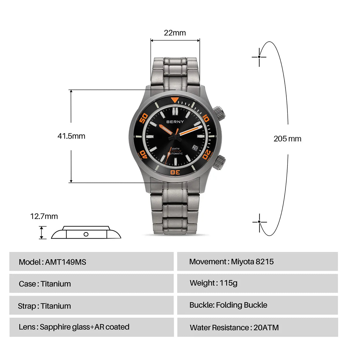 BERNY Men's Titanium Automatic Diver Watch – 20ATM, Sapphire, Miyota 8215