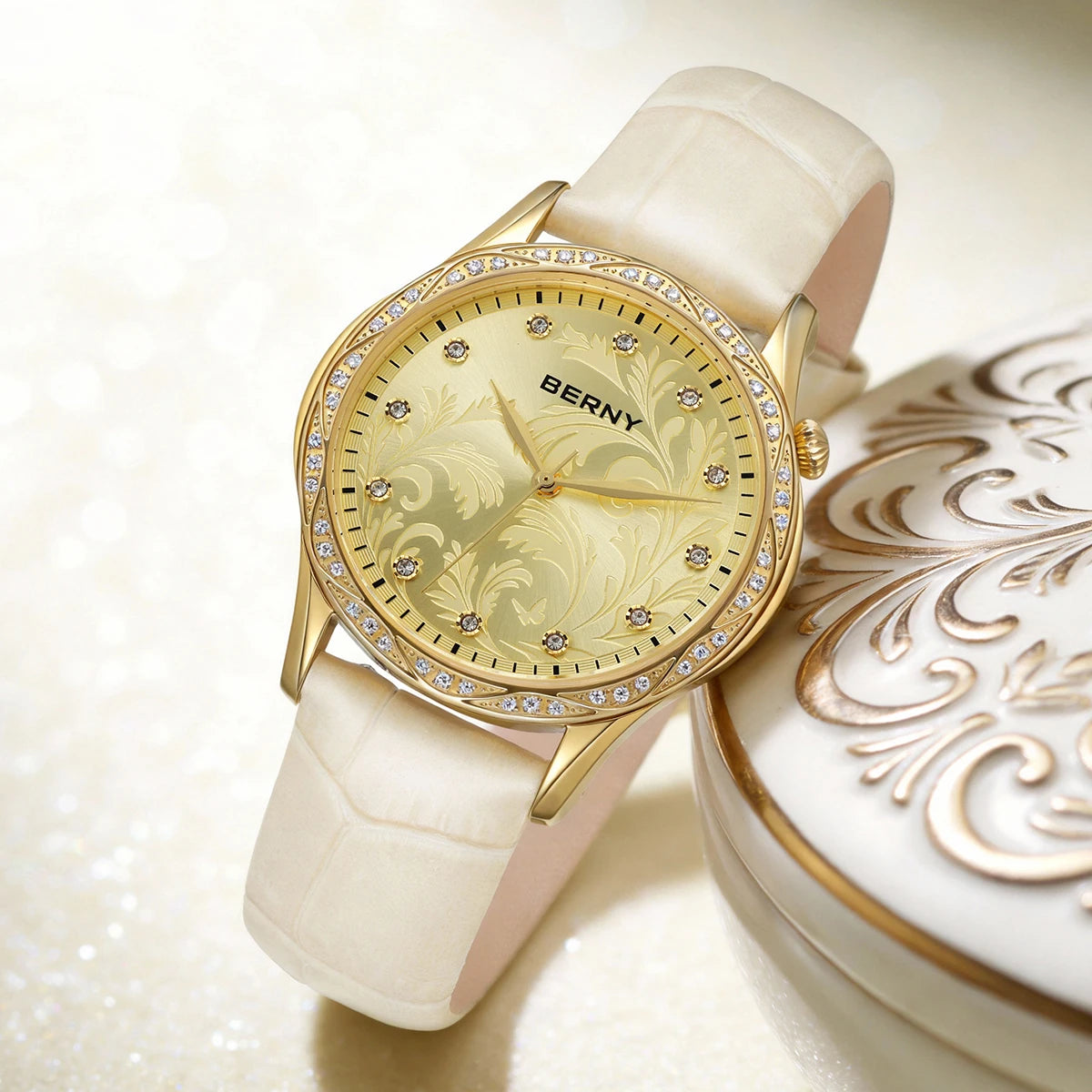 BERNY Women's Quartz Watch – Engraved Dial Diamond Gold Case Leather Strap