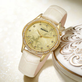BERNY Women's Quartz Watch – Engraved Dial Diamond Gold Case Leather Strap