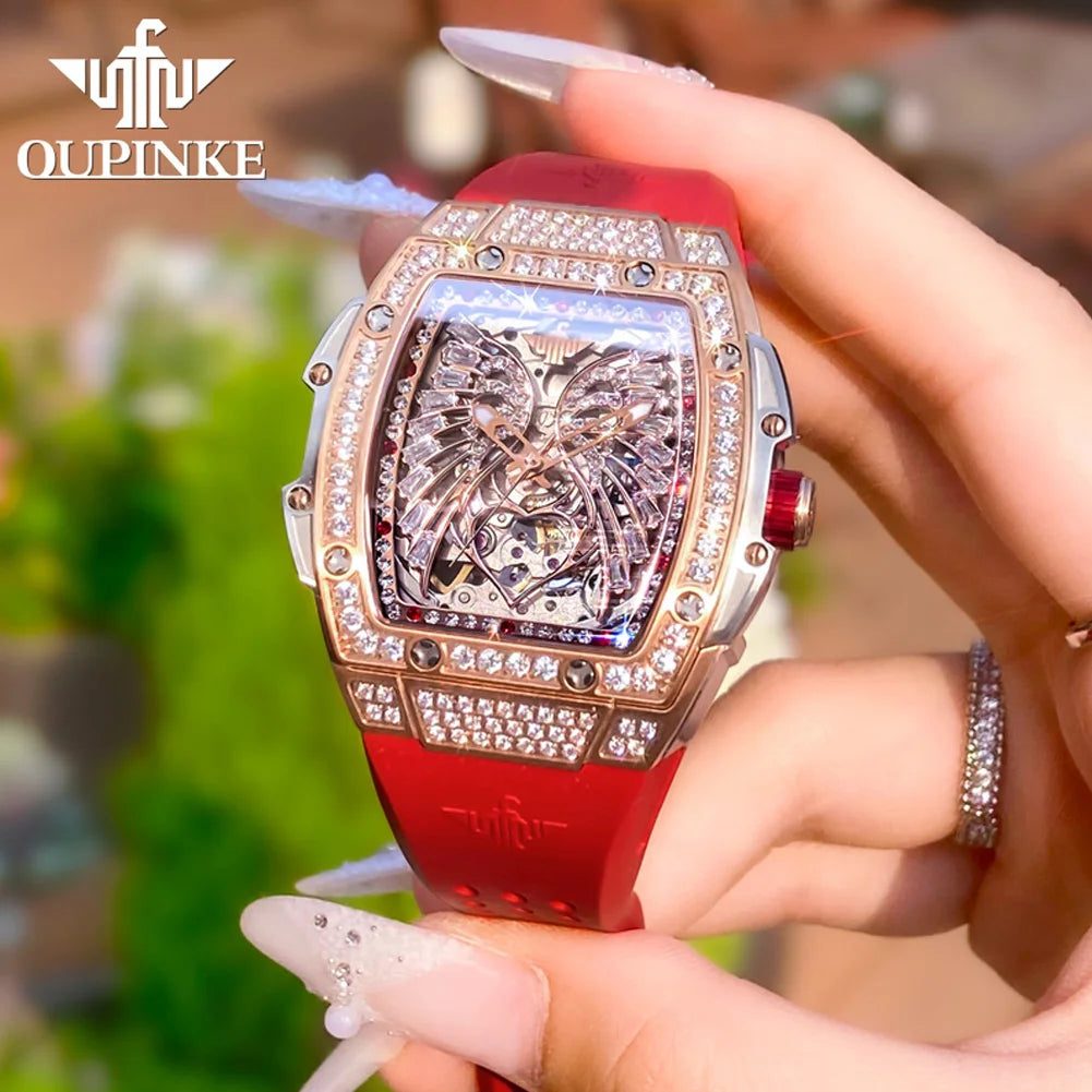OUPINKE 3225 Women’s Automatic Watch – Diamond Dial, Silicone Strap