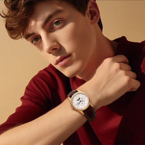 BERNY Men's Moon Phase Quartz Watch – Stainless Steel & Leather Dress Watch with Date & Week Display