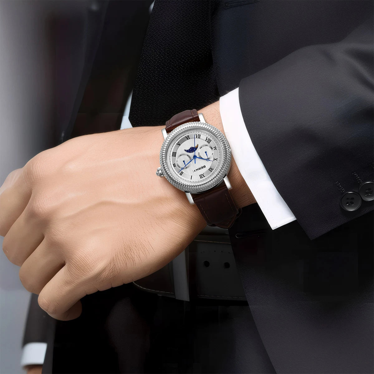 BERNY Men's Moon Phase Quartz Watch 40mm – Calendar Dress Watch Leather Strap