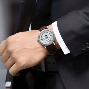 BERNY Men's Moon Phase Quartz Watch 40mm – Calendar Dress Watch Leather Strap