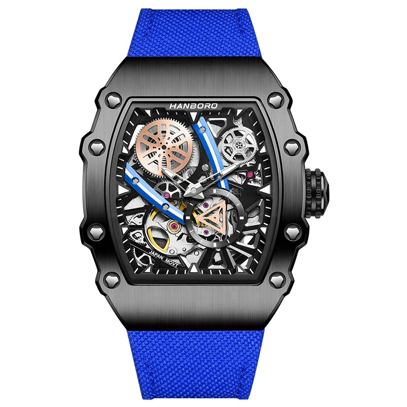 HANBORO Men’s Automatic Watch – 40.5mm Tonneau Skeleton Dial Mechanical Waterproof Wristwatch