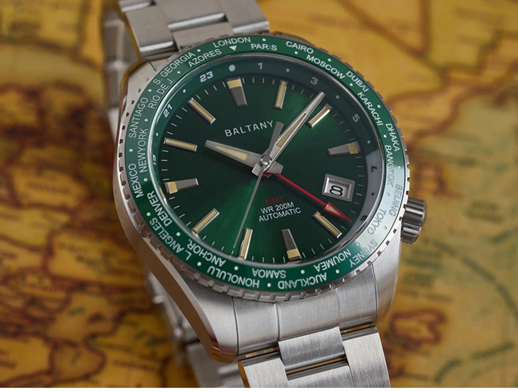 Baltany Men’s GMT Automatic Watch 40mm – NH34, Sapphire Crystal, 200m Dive, Luminous, World Time Bezel