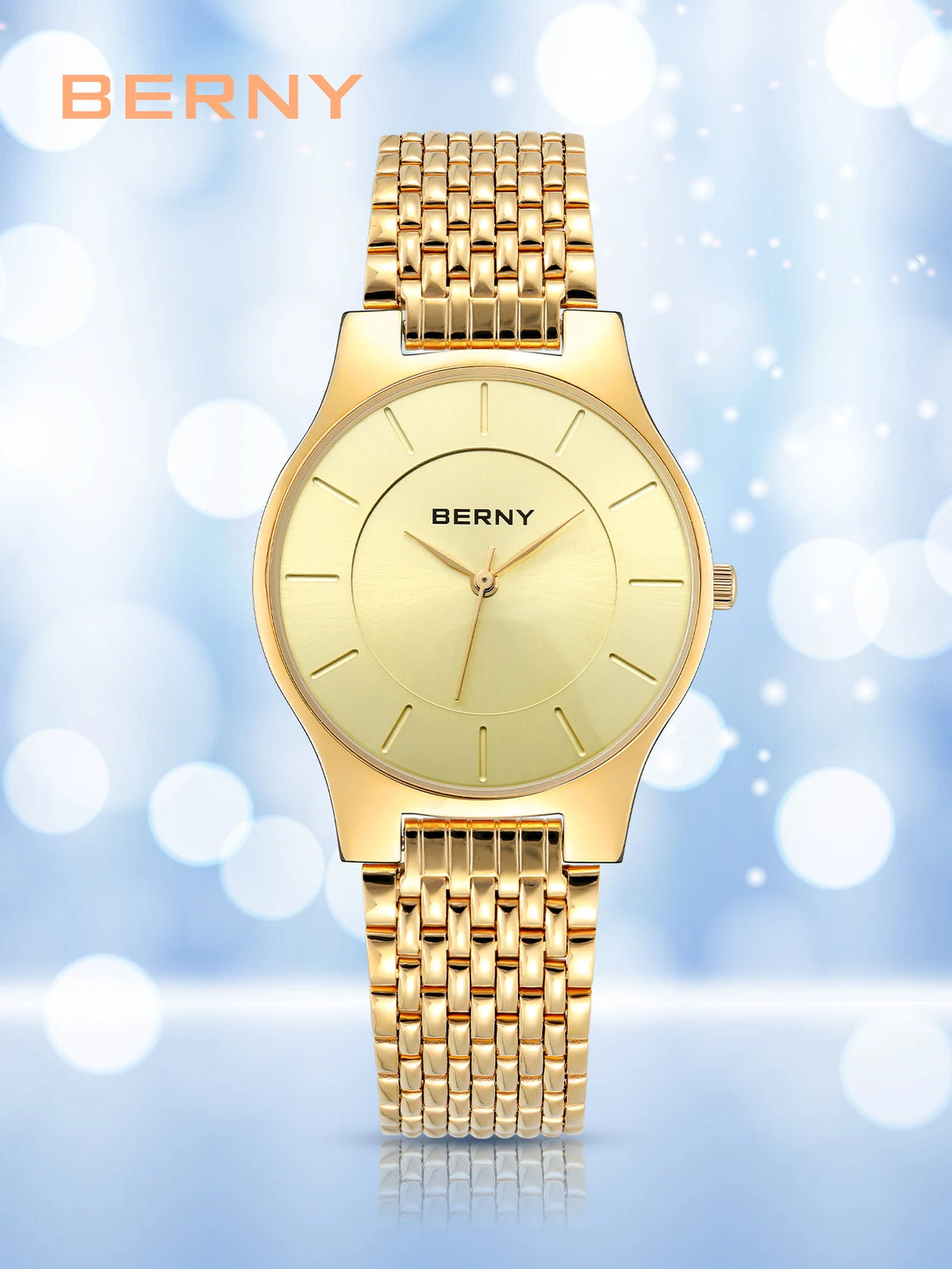 BERNY Quartz Mens Gold Stainless Steel Wristwatch