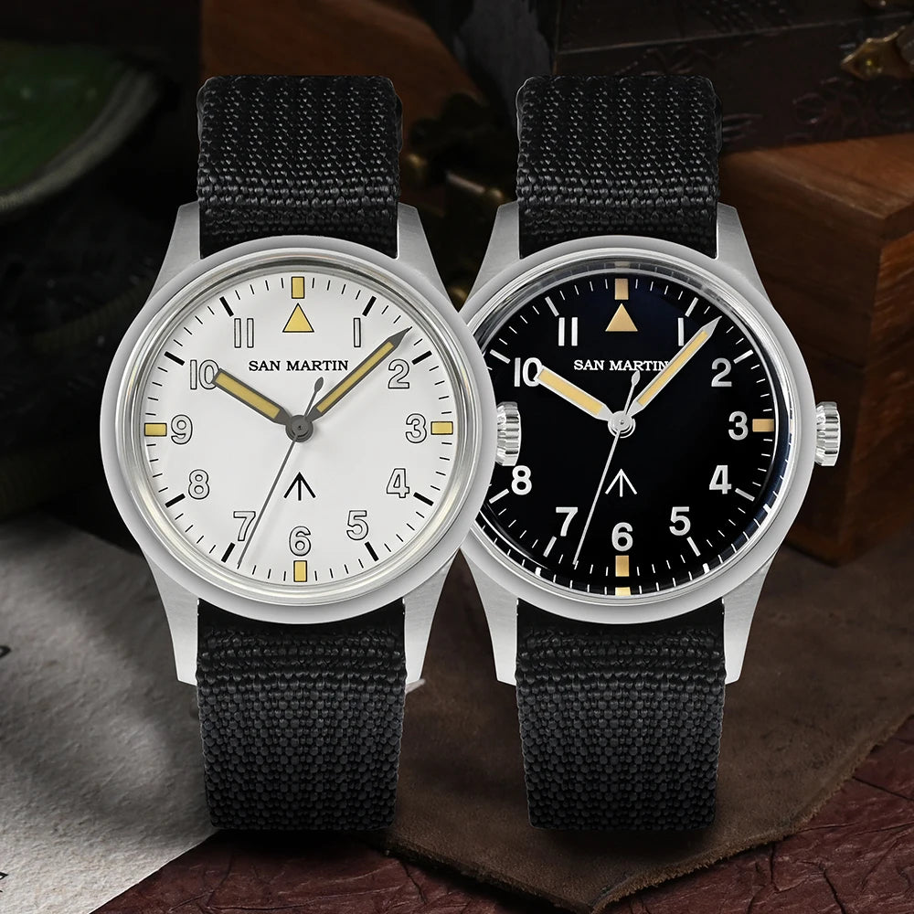 San Martin 36mm Pilot Men’s Watch – VH31 Mechaquartz Sweep Second Quartz Watch with Luminous Dial & Nylon Strap