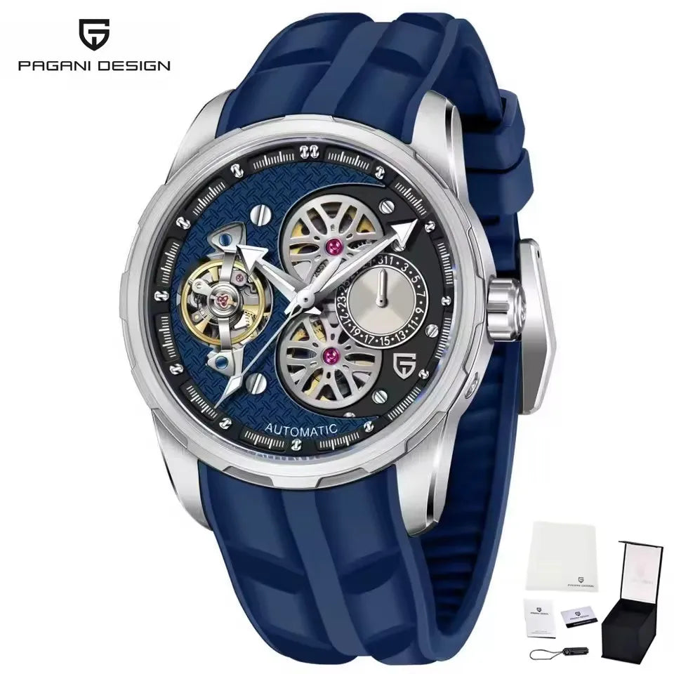PAGANI DESIGN Men’s Automatic Skeleton Watch – Sapphire Crystal, 100m Water Resistant, Tourbillon Style