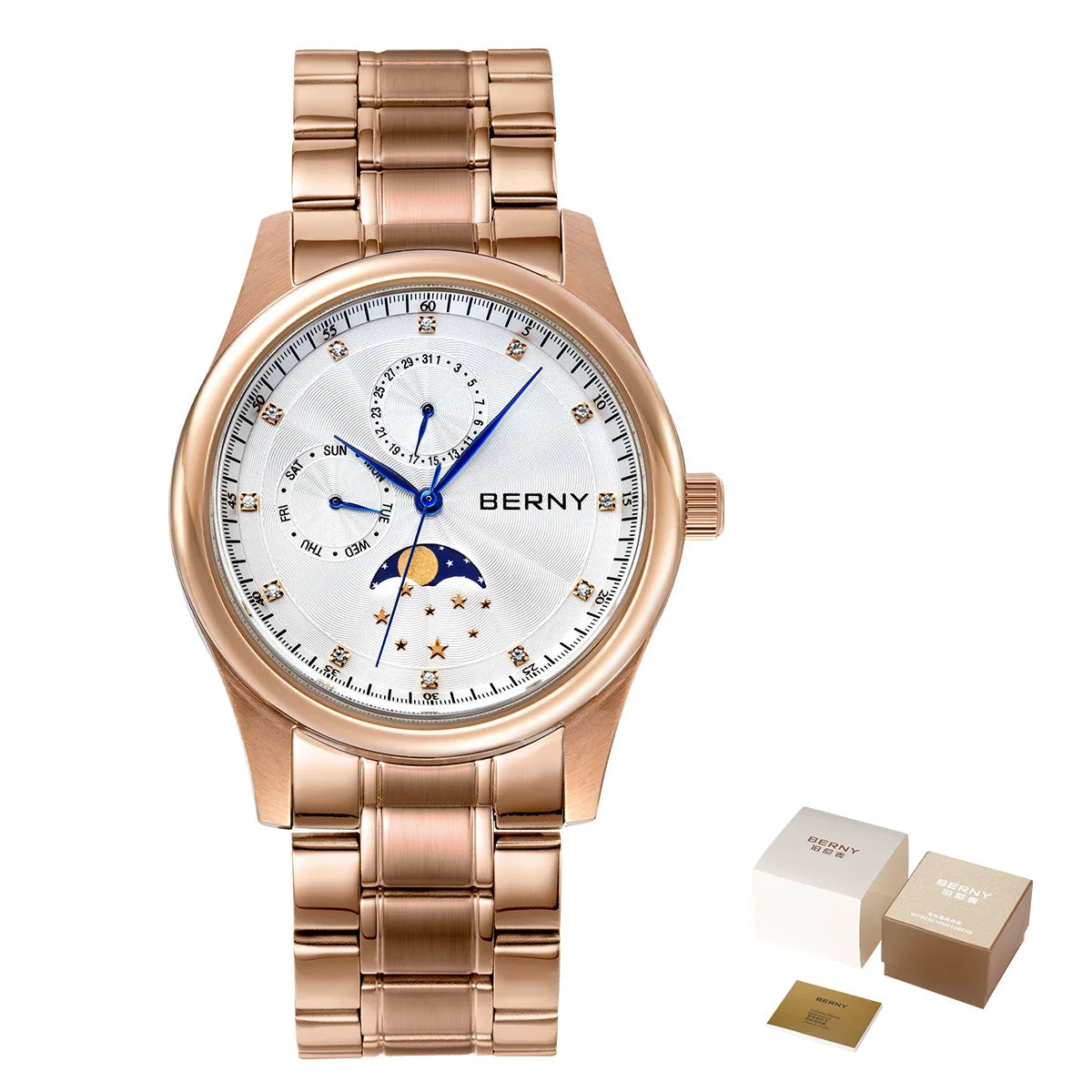 BERNY Men's Moon Phase Quartz Watch – Stainless Steel & Leather Dress Watch with Date & Week Display