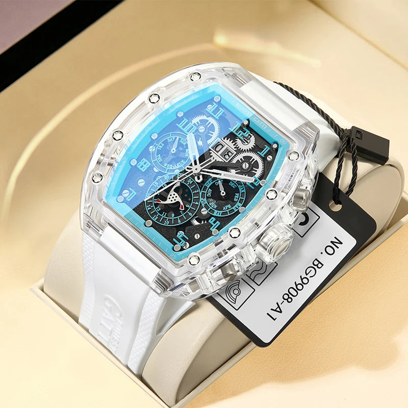 BONEST GATTI Men’s Automatic Tonneau Watch – Mechanical, Crystal Case, Rubber Strap, Multi Dial, Month/Date Display