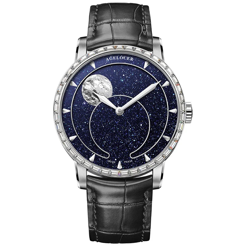 AGELOCER Men’s Moon Phase Watch – Blue Aventurine Dial, 29.5-Day Display, Luxury Automatic Wristwatch