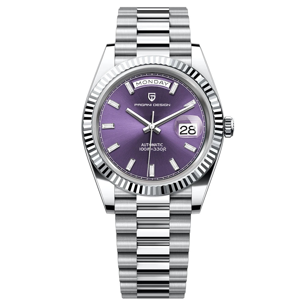 Watch with purple face and silver band on white background