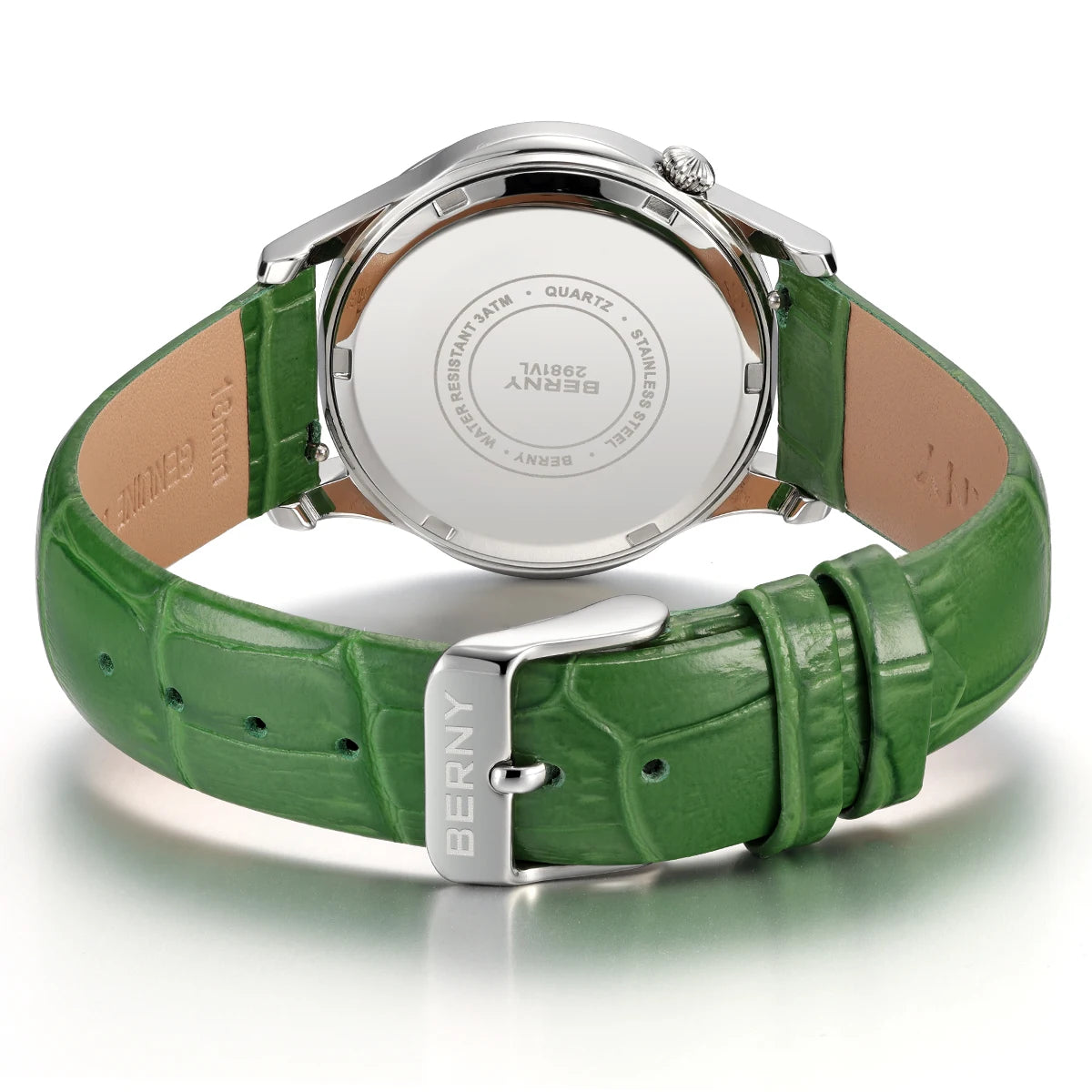 BERNY Women's Quartz Watch – Engraved Dial Diamond Gold Case Leather Strap