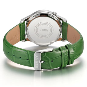 BERNY Women's Quartz Watch – Engraved Dial Diamond Gold Case Leather Strap