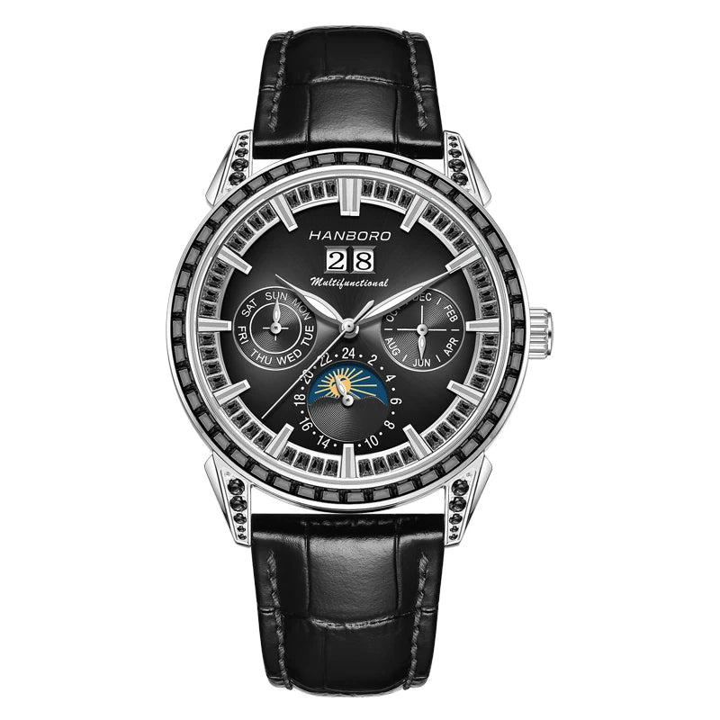 Hanboro 41.5mm Mechanical Watch: Automatic Multi-Dial with Day, Month, Date & Crystal Bezel