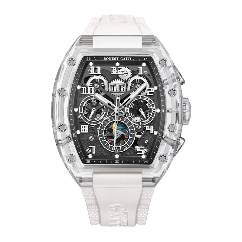 BONEST GATTI Men’s Automatic Tonneau Watch – Mechanical, Crystal Case, Rubber Strap, Multi Dial, Month/Date Display