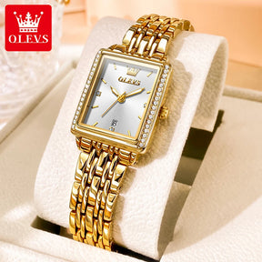 OLEVS Women’s Luxury Diamond Quartz Watch – Elegant Gold Stainless Steel Waterproof Wristwatch