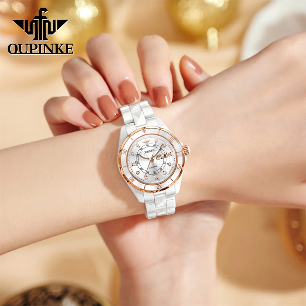 OUPINKE 3301 Women's Automatic Watch – Week Date Ceramic Strap Elegant