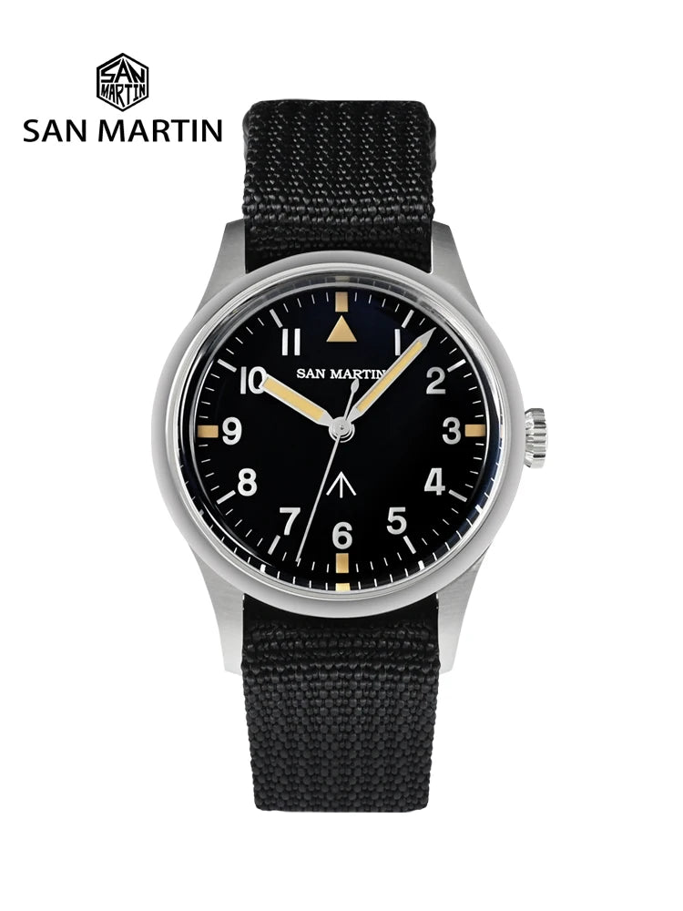 San Martin 36mm Pilot Men’s Watch – VH31 Mechaquartz Sweep Second Quartz Watch with Luminous Dial & Nylon Strap