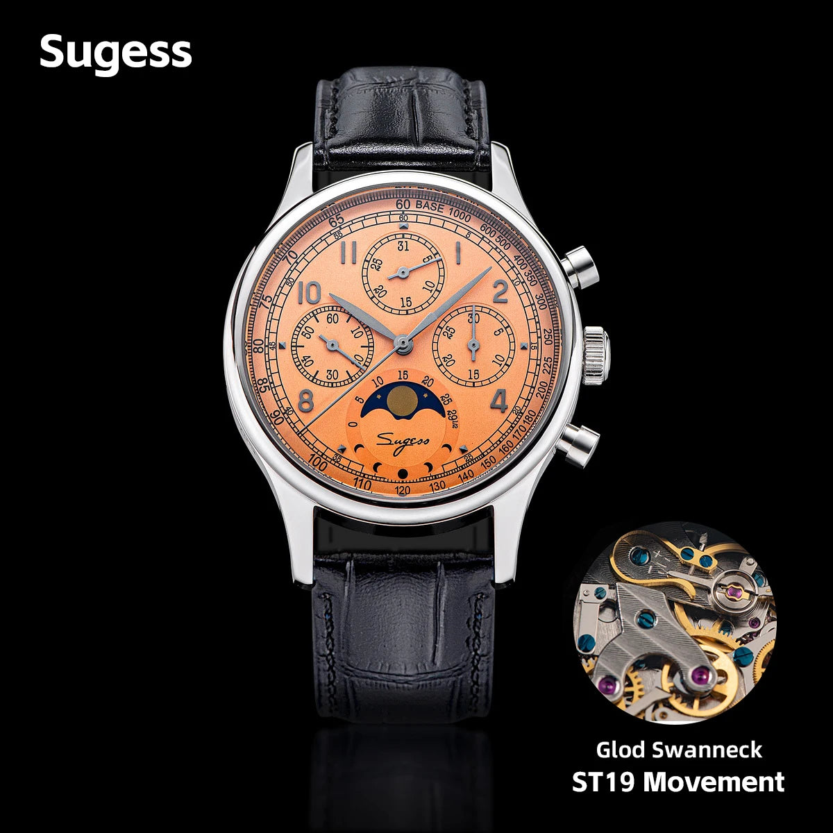 Sugess Men’s Chronograph Watch – ST1908 Mechanical, Moonphase, Swan Neck, Sapphire Crystal
