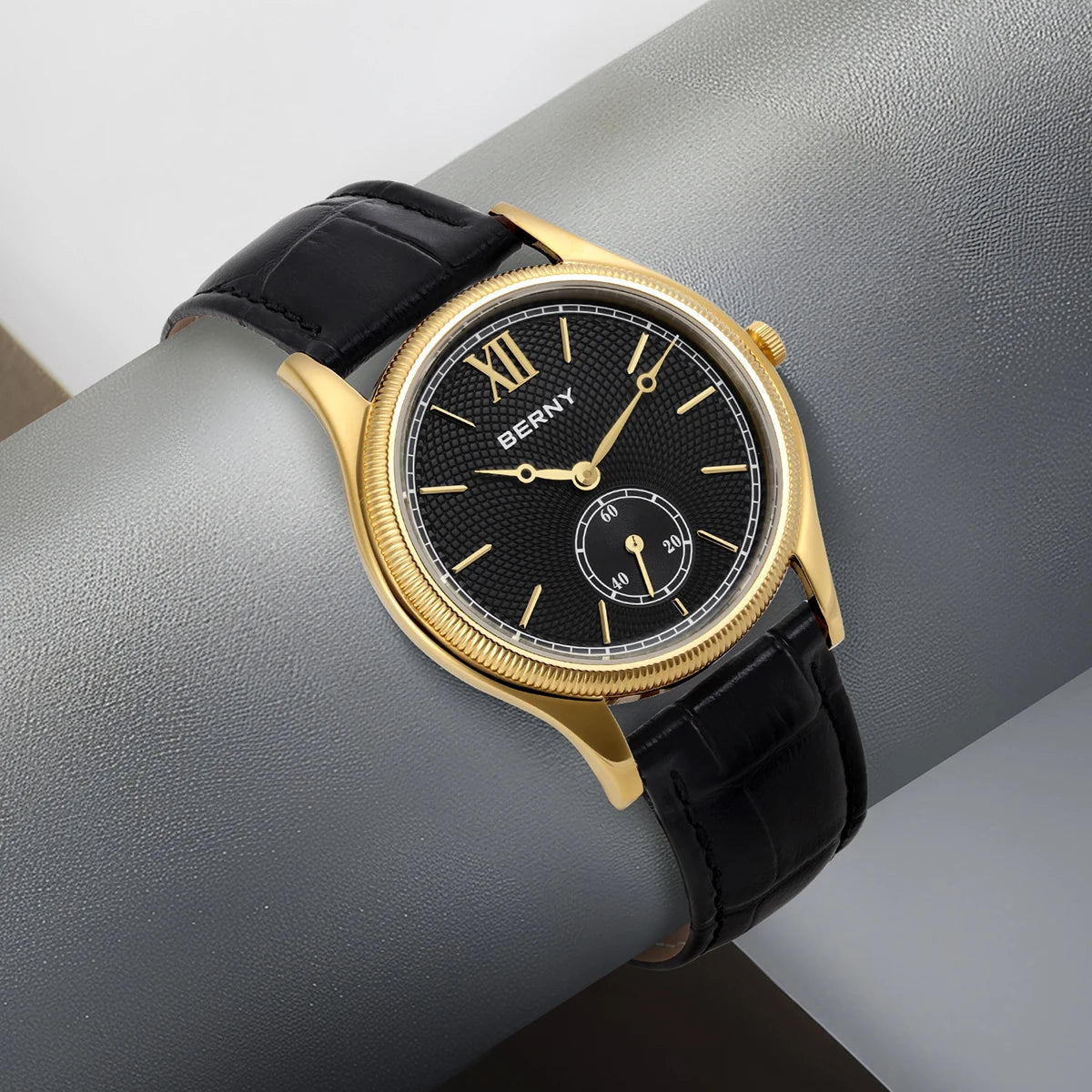 BERNY Luxury Men’s Dress Watch Slim Gold Quartz Classic Leather Strap Business Wristwatch