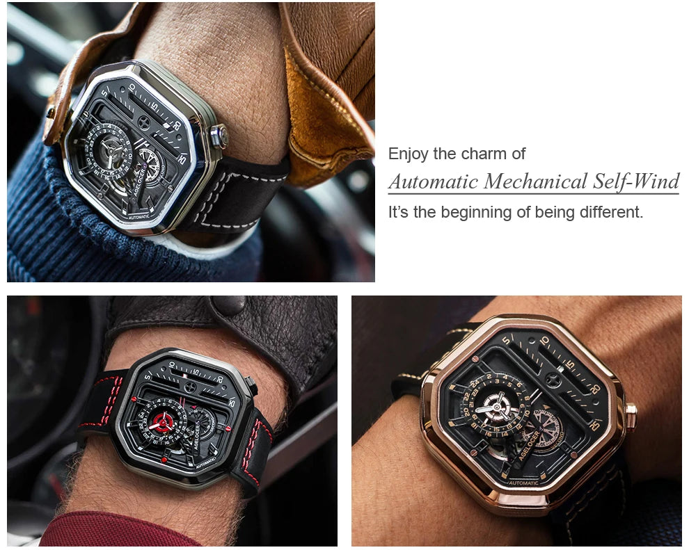 AGELOCER Men’s Automatic Skeleton Watch – Luxury Square Stainless Steel