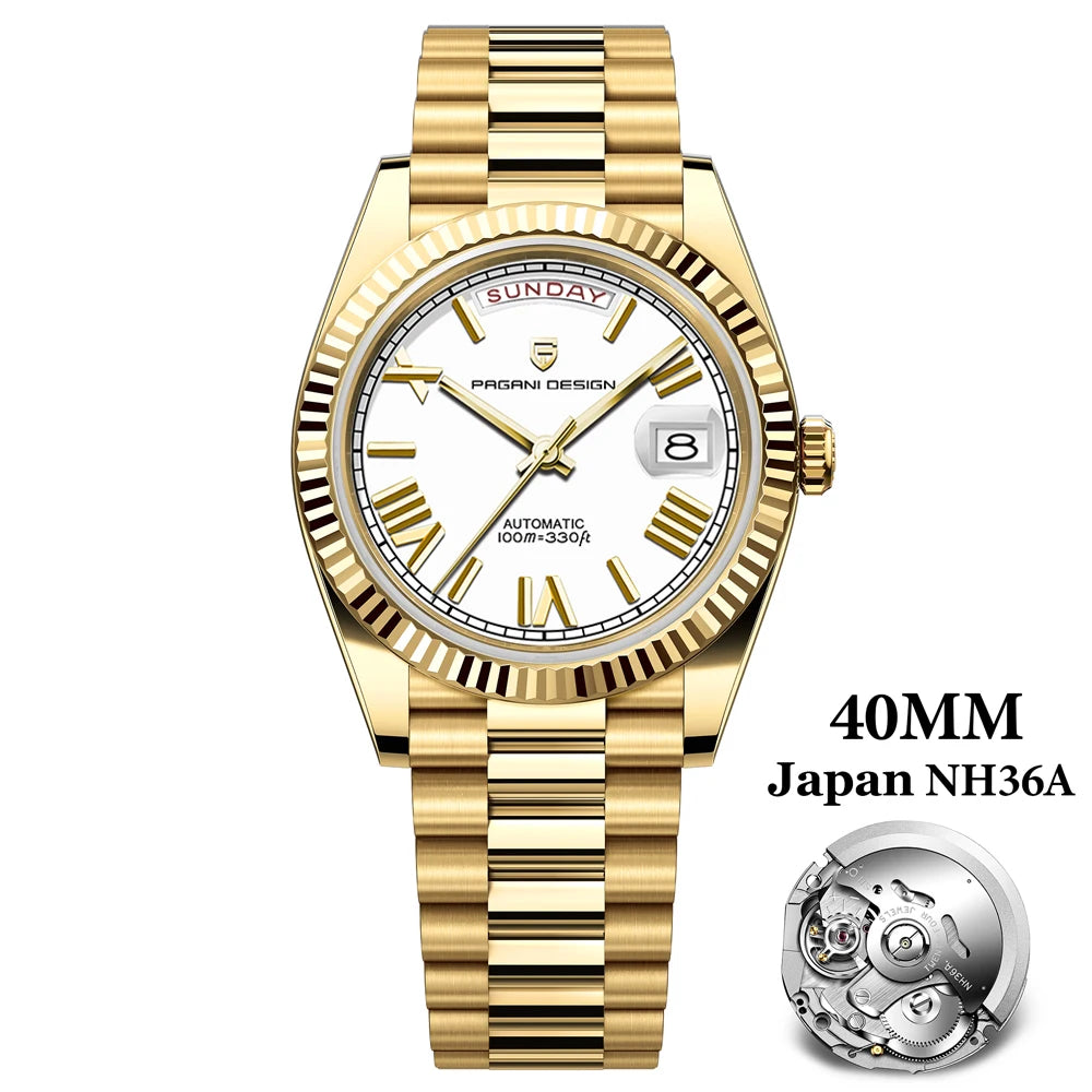 Pagani Design DD40 Men's Automatic Watch – NH36A Gold White Day-Date 2026