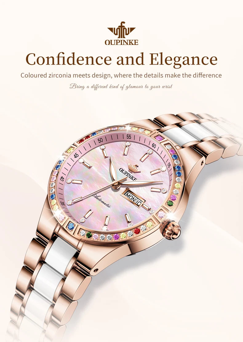 OUPINKE 3283 Women’s Automatic Watch – Luxury Mechanical, Day-Date, 50m Water Resistant