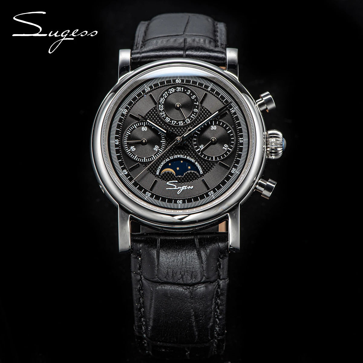 Sugess ST1908 Mechanical Chronograph Watch – Moonphase Vintage BK Dial Sapphire Crystal Waterproof Wristwatch