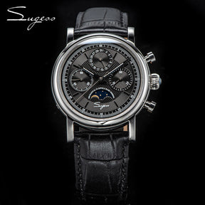 Sugess ST1908 Mechanical Chronograph Watch – Moonphase Vintage BK Dial Sapphire Crystal Waterproof Wristwatch