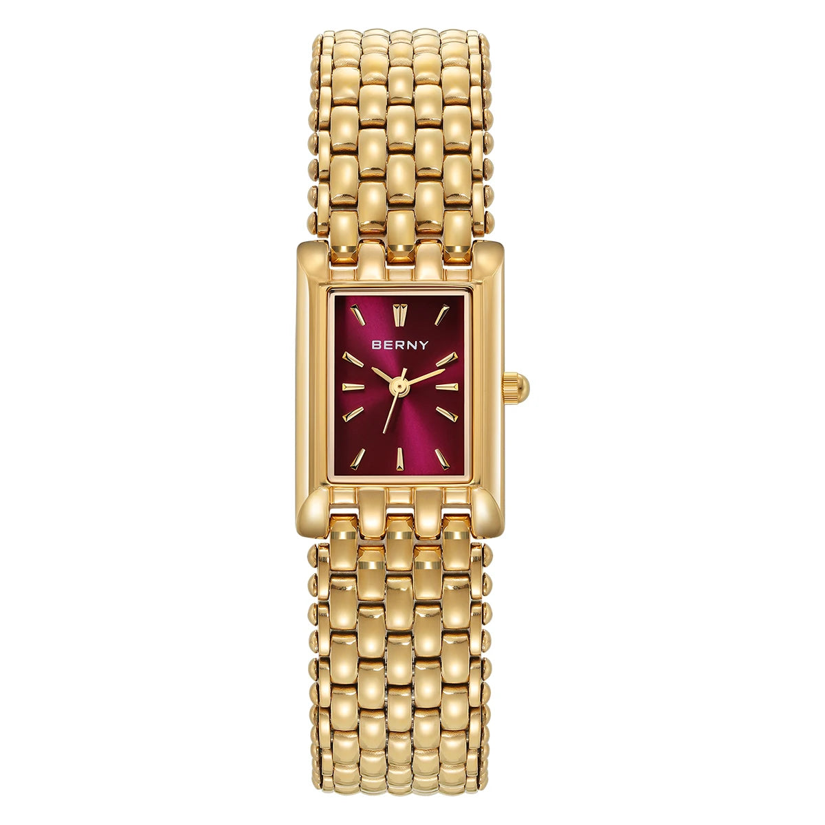 BERNY Women's Gold Watch – Burgundy Red Square Dial Stainless Steel Quartz