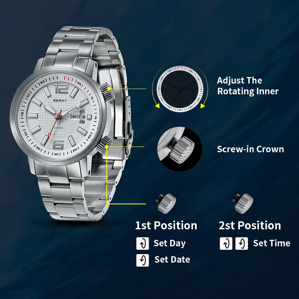 BERNY Men's Automatic Diver Watch – 20ATM Waterproof, Miyota 8205, Sapphire